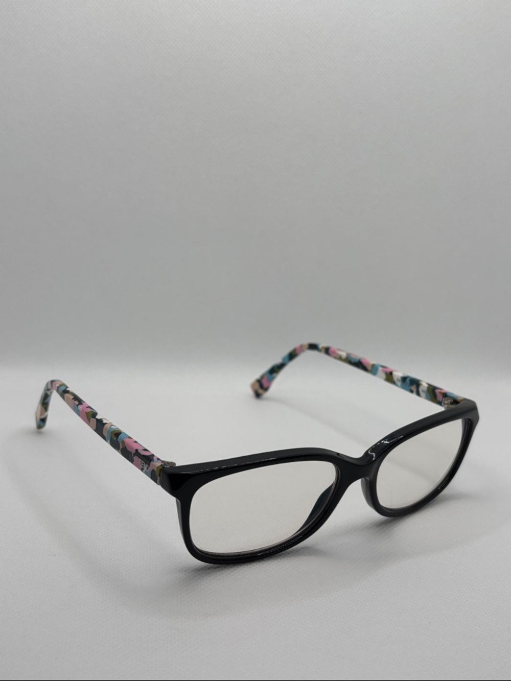Fendi Italy Black Frame Glasses with Pink & Teal Patterned Rainbow Temples Woman